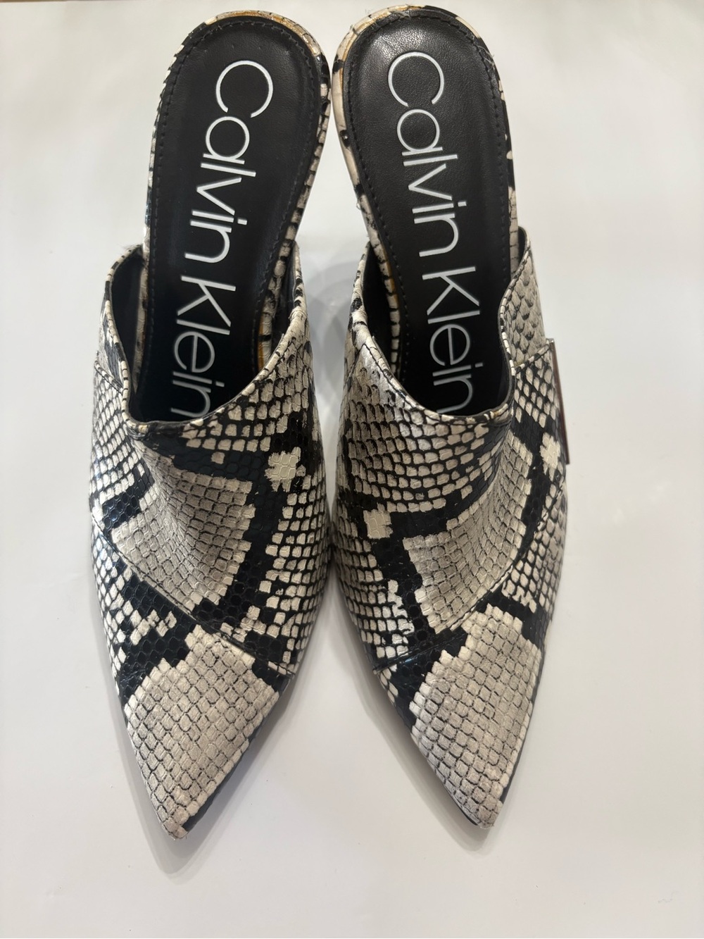 Calvin Klein Women's Snake-Print Pointed Mules in Black and Cream